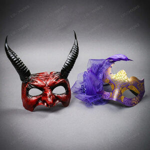Red Devil Horn Demon Mask & Gold Purple Tulle Glitter Masquerade Couple Mask Set